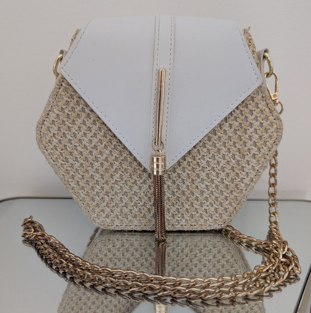 White and Tan Crossbody Bag | Boho Beige Geometric